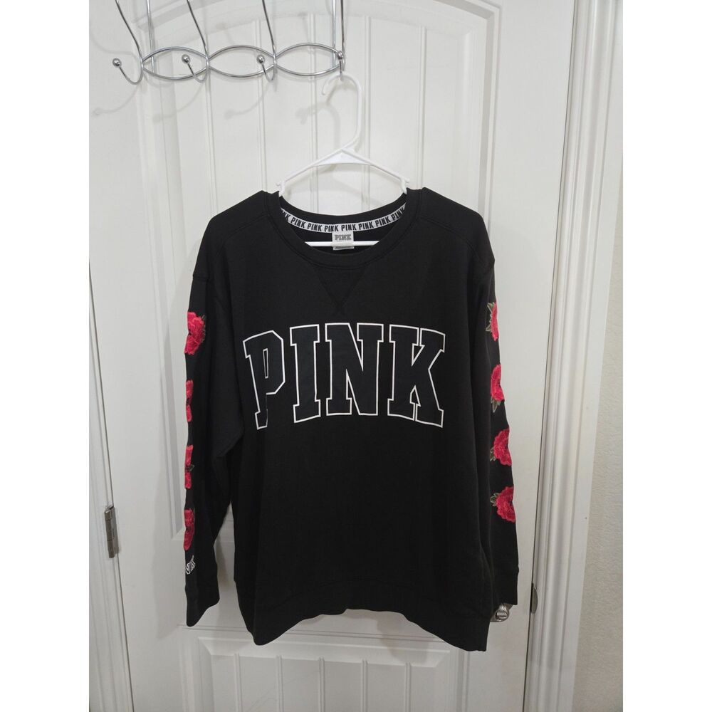 PINK Victoria’s Secret Womens Large Black Crewneck Sweatshirt Rose Sleeve